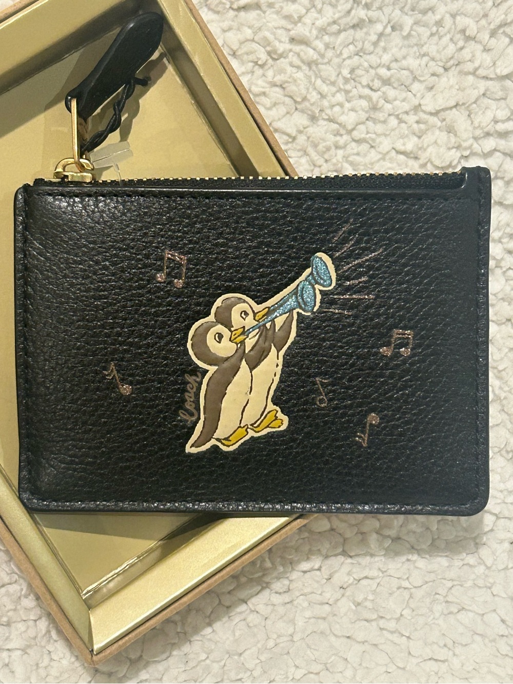 Coach Skinny ID Case Wallet Musical Owls/penguins Black leather in Box NWT